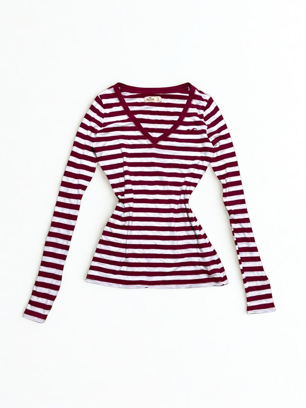 Vtg Y2K Hollister Burgundy White Striped Long Sleeve Embroidered Seagull Logo S